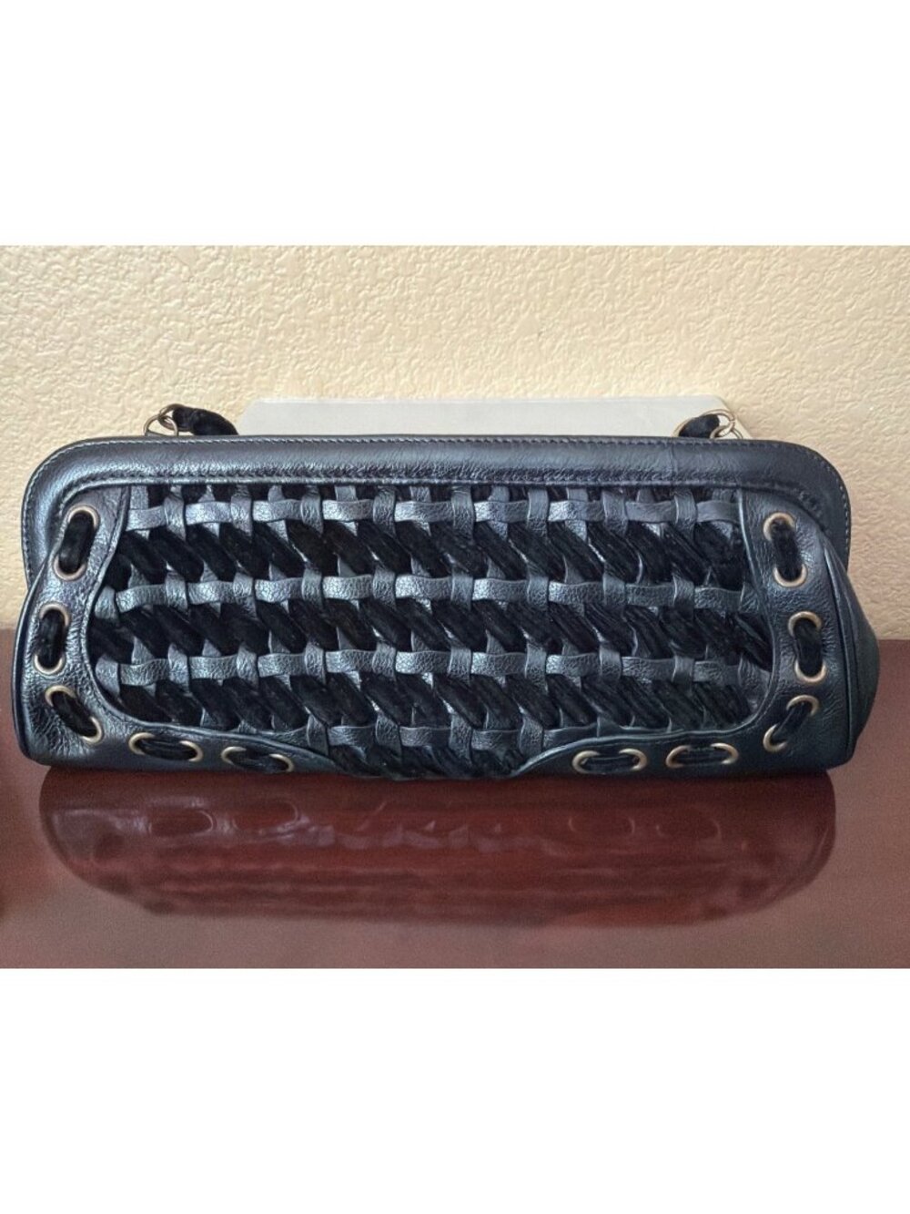 Isabella Fiore Black Leather Woven Shoulder Bag Chain Strap Y2K Designer Purse - Picture 2 of 13